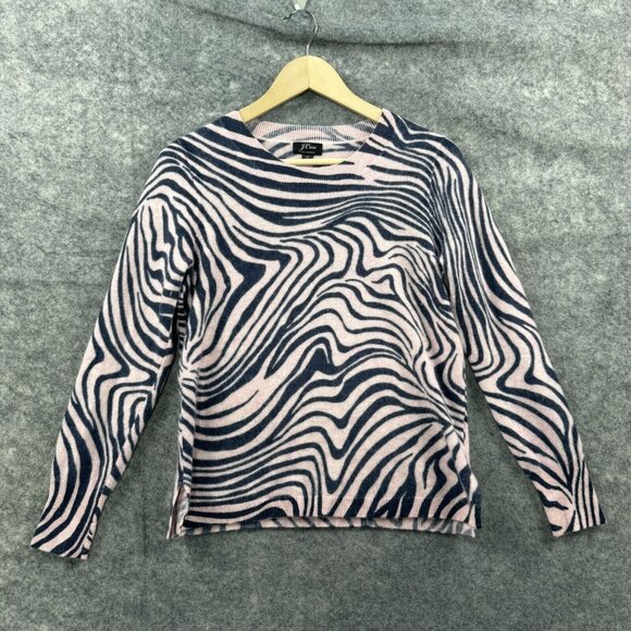 J Crew Sweater Womens M Pink Gray 100% Cashmere Striped Animal Print Pullover - Picture 1 of 9